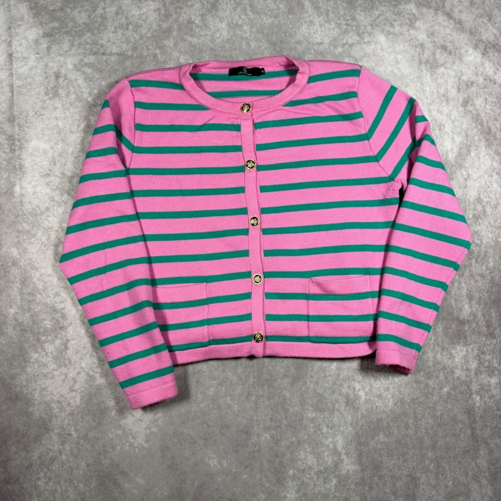 Lillusory Pink Green Striped Cardigan Sweater Gold Crest Buttons Size M Preppy